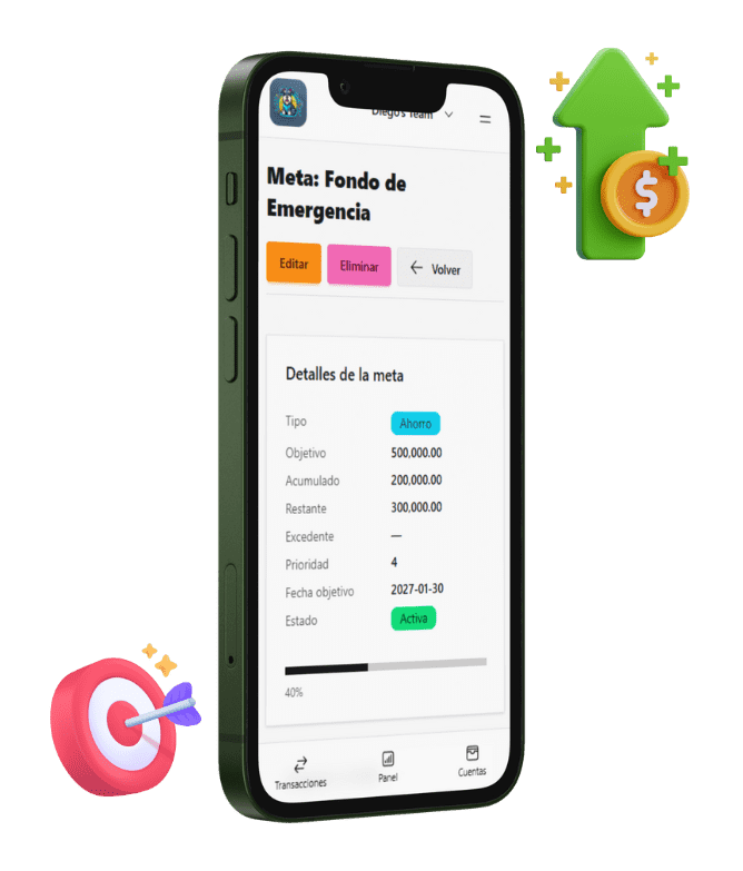 Vista previa del panel de finanzas personales de FinanGuau con cuentas, gastos y métricas